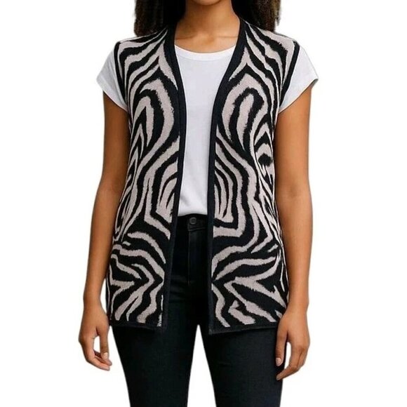 Chicos Longline Cardigan Size 0 S 4 Pockets Open Front Cap Sleeve Animal Print - Picture 10 of 10